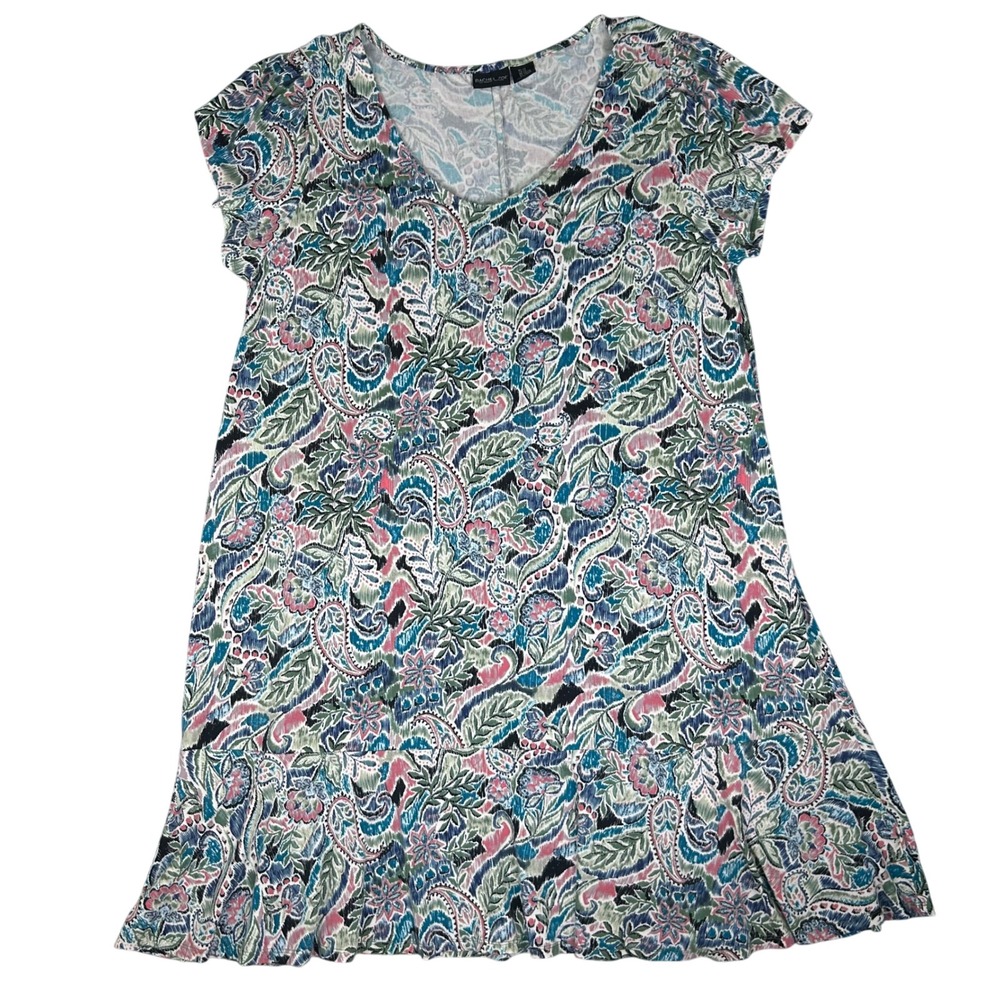 Rachel Zoe Paisley T-Shirt Dress Ruffle Hem Boho Artsy Soft Stretchy Flowy Sz-2X